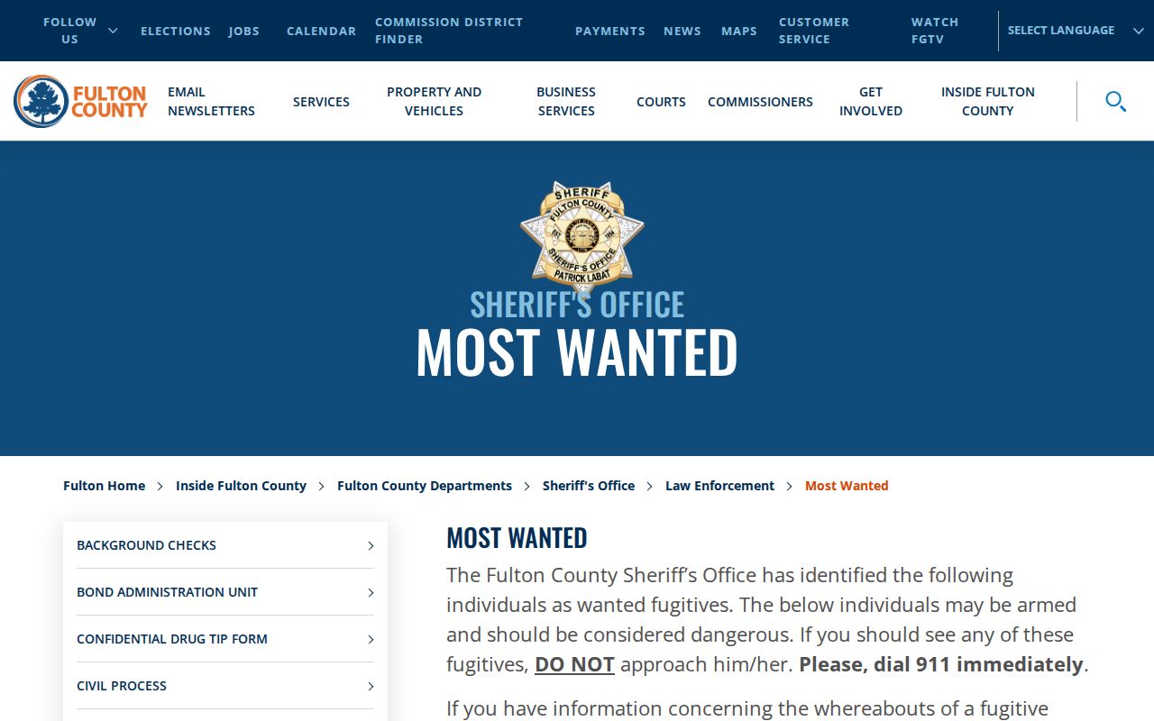 Fulton County warrant records Most Wanted program and tip information